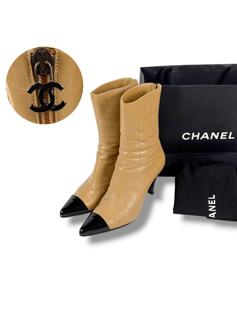 Chanel Cc Logo Short Boots Booties Quilted Beige Black Leather